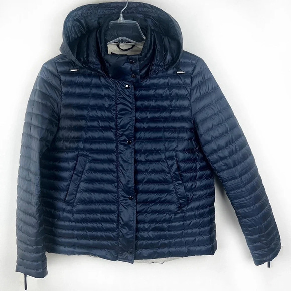 Zara Down Packable Puffer Jacket Coat Medium Navy Blue M Hooded Minimalist - Picture 1 of 17